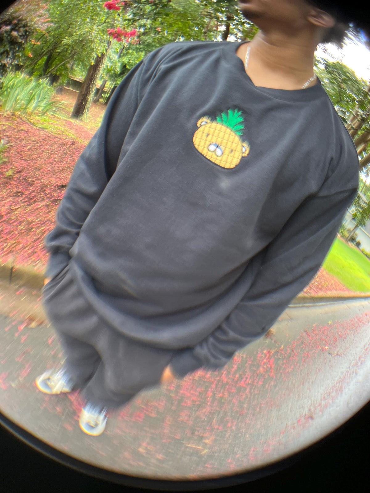 Pineabur Black Crewneck: Cute Japan Style Cotton Blend